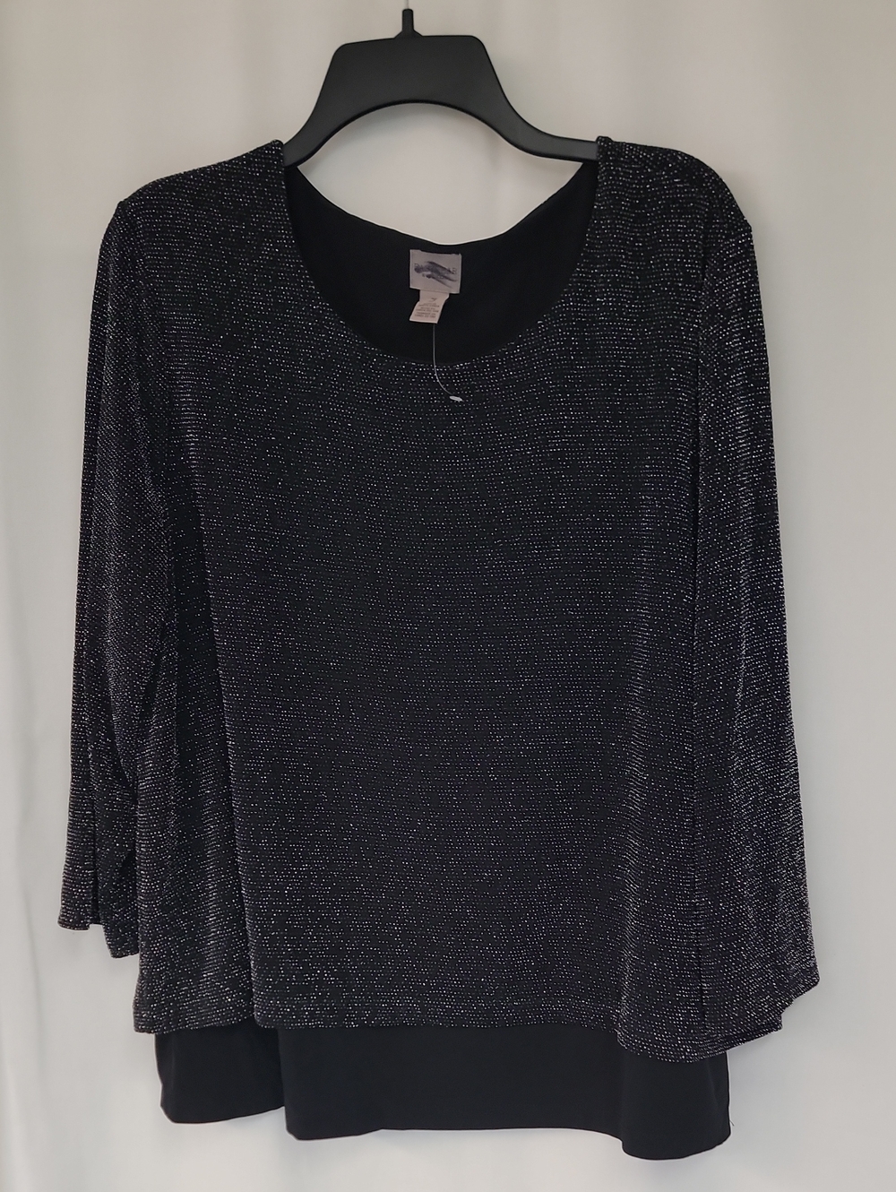 Women's Black Lurex Long-Sleeve Top with Layered Hem